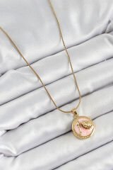 316L Çelik Zincir Pembe Mineli Sanatsal Portre İstiridye Model Gold Renk Kadın Kolye - TJ-BKO10268