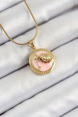 316L Çelik Zincir Pembe Mineli Sanatsal Portre İstiridye Model Gold Renk Kadın Kolye - TJ-BKO10268