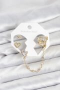 Pirinç Gold Renk Kalp Model Zincir Bağlantılı Ear Cuff Küpe Seti - TJ-BKP11541