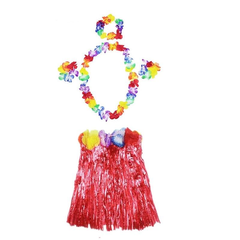 Luau Aloha Hawaii  Kolye Etek Taç ve Bileklik Seti Kırmızı (4944)