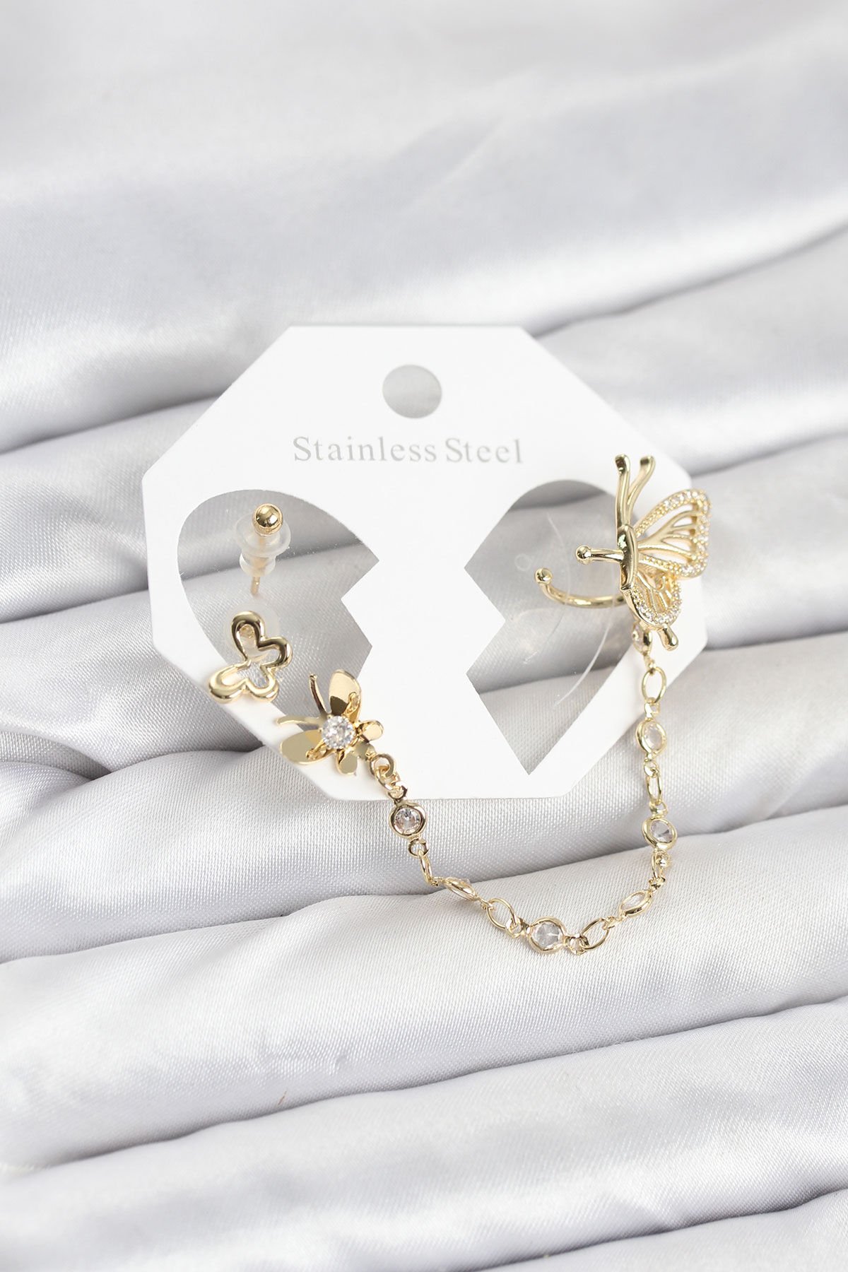 Kelebekli Model Pirinç Gold Renk Zincir Bağlantılı Ear Cuff Küpe Seti - TJ-BKP11544