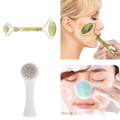 2'li Set Çift Taraflı Cilt Temizleme Fırçası ve Yeşim Taşı Çift Taraflı Cilt Masaj Aleti (4944)