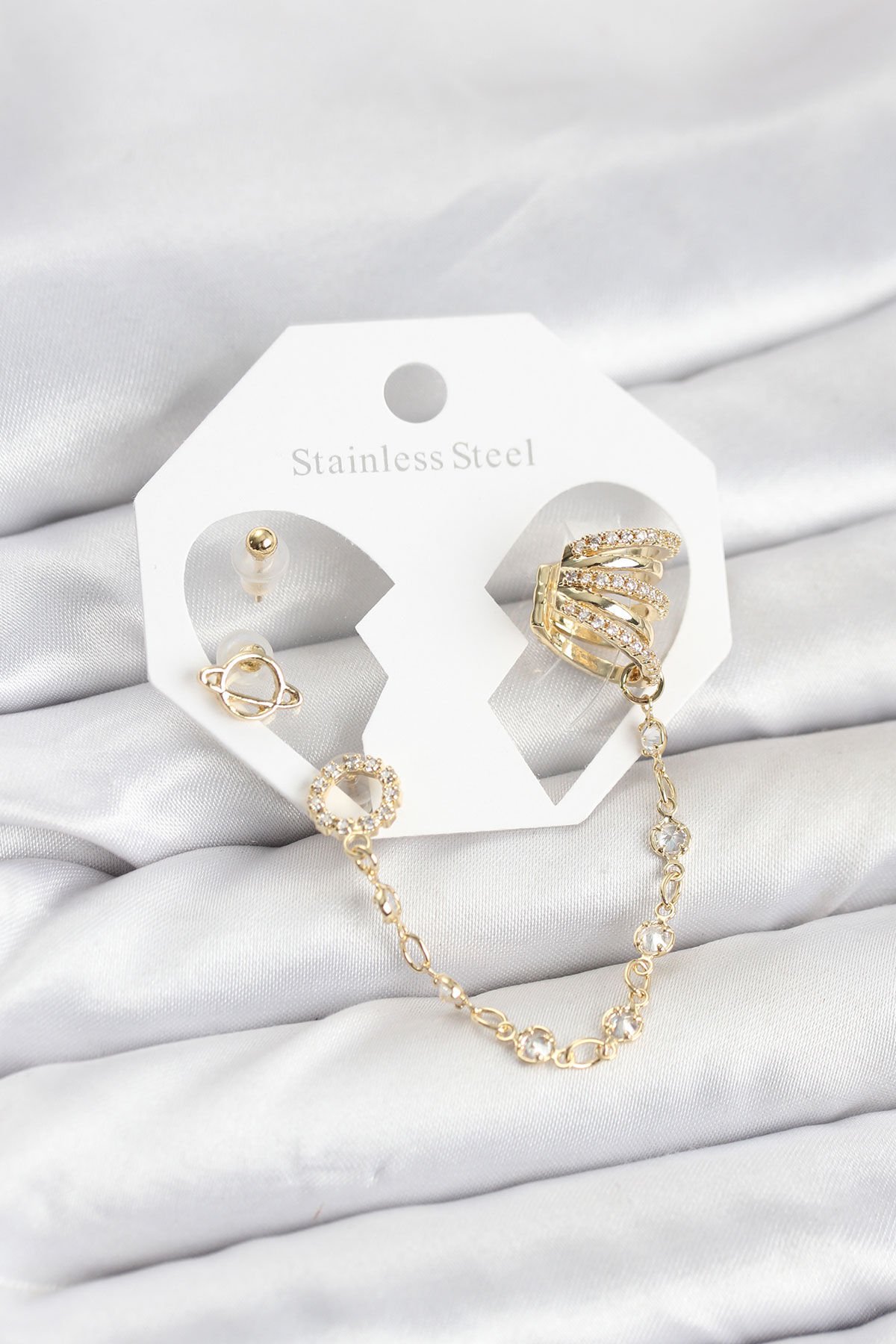 Uzay Model Pirinç Gold Renk Zincir Bağlantılı Ear Cuff Küpe Seti - TJ-BKP11546