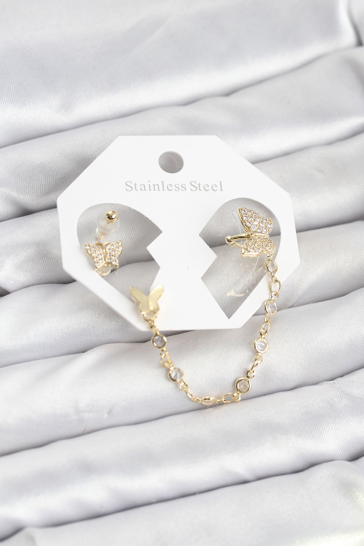 Kelebek Model Pirinç Gold Renk Zincir Bağlantılı Ear Cuff Küpe Seti - TJ-BKP11548
