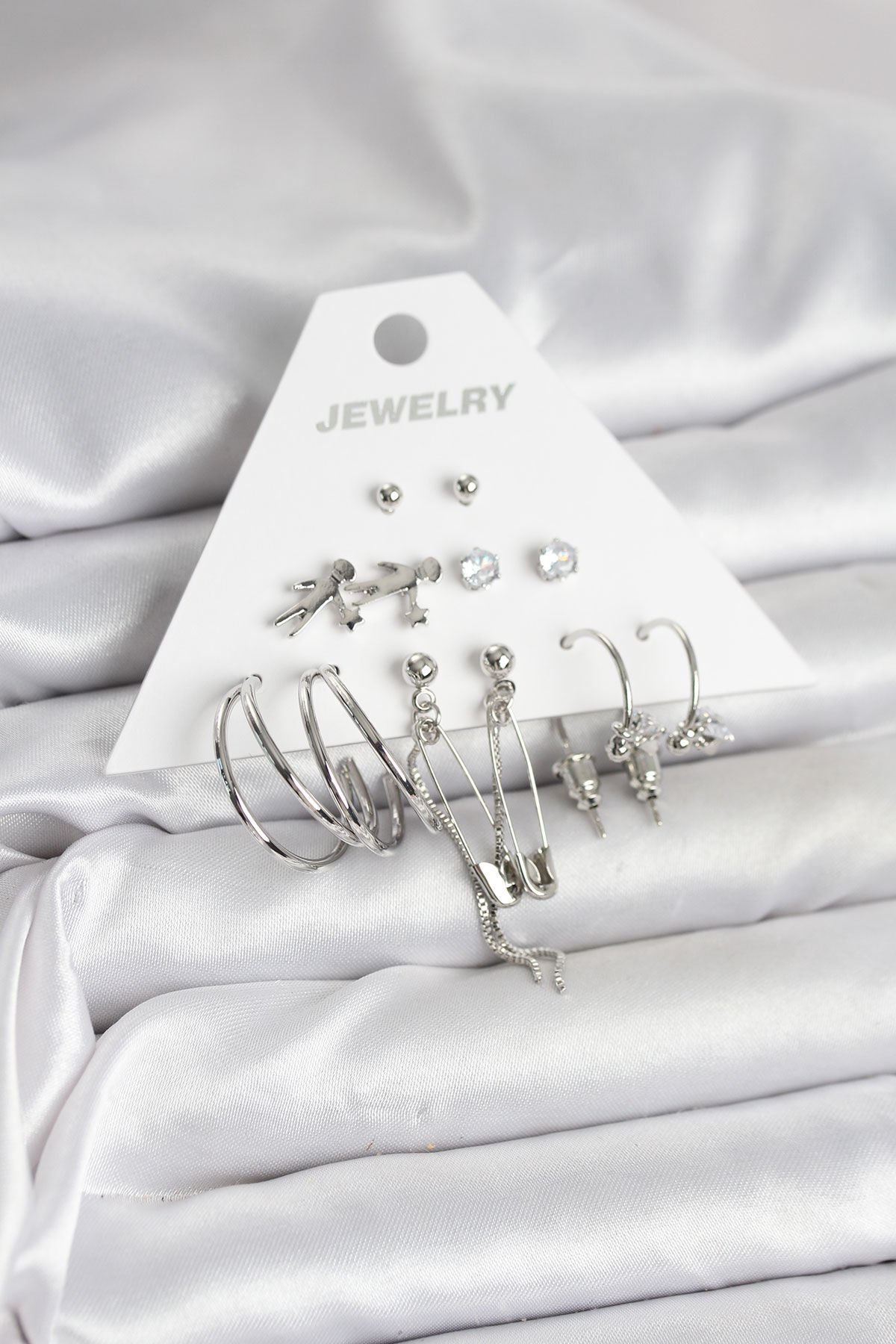 Pirinç Gümüş Renk 6'lı Kadın Küpe Seti - TJ-BKP11329