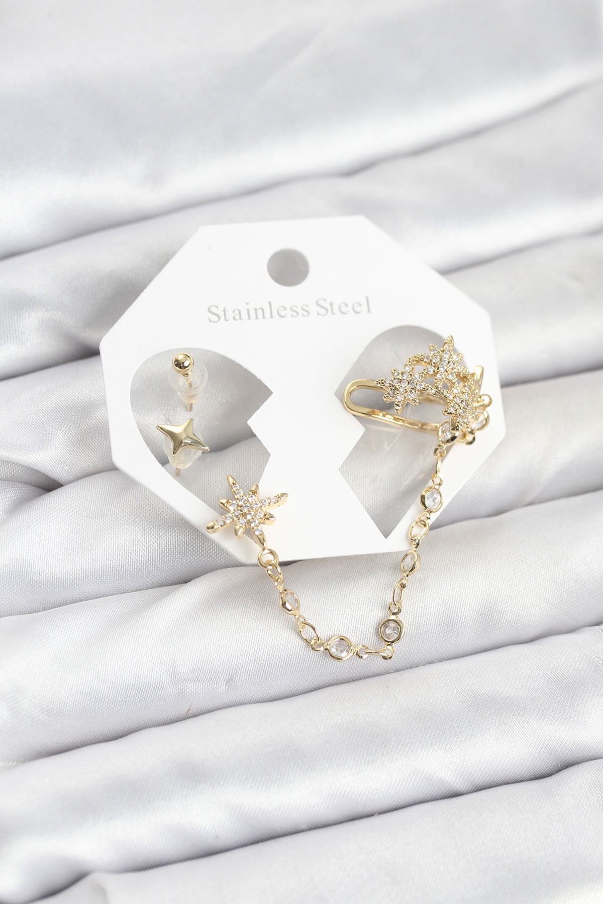Kutup Yıldızı Model Pirinç Gold Renk Zincir Bağlantılı Ear Cuff Küpe Seti - TJ-BKP11550