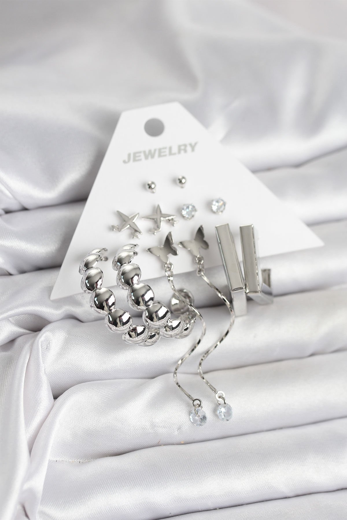 Gümüş Renk Pirinç 6'lı Kadın Küpe Seti - TJ-BKP11330