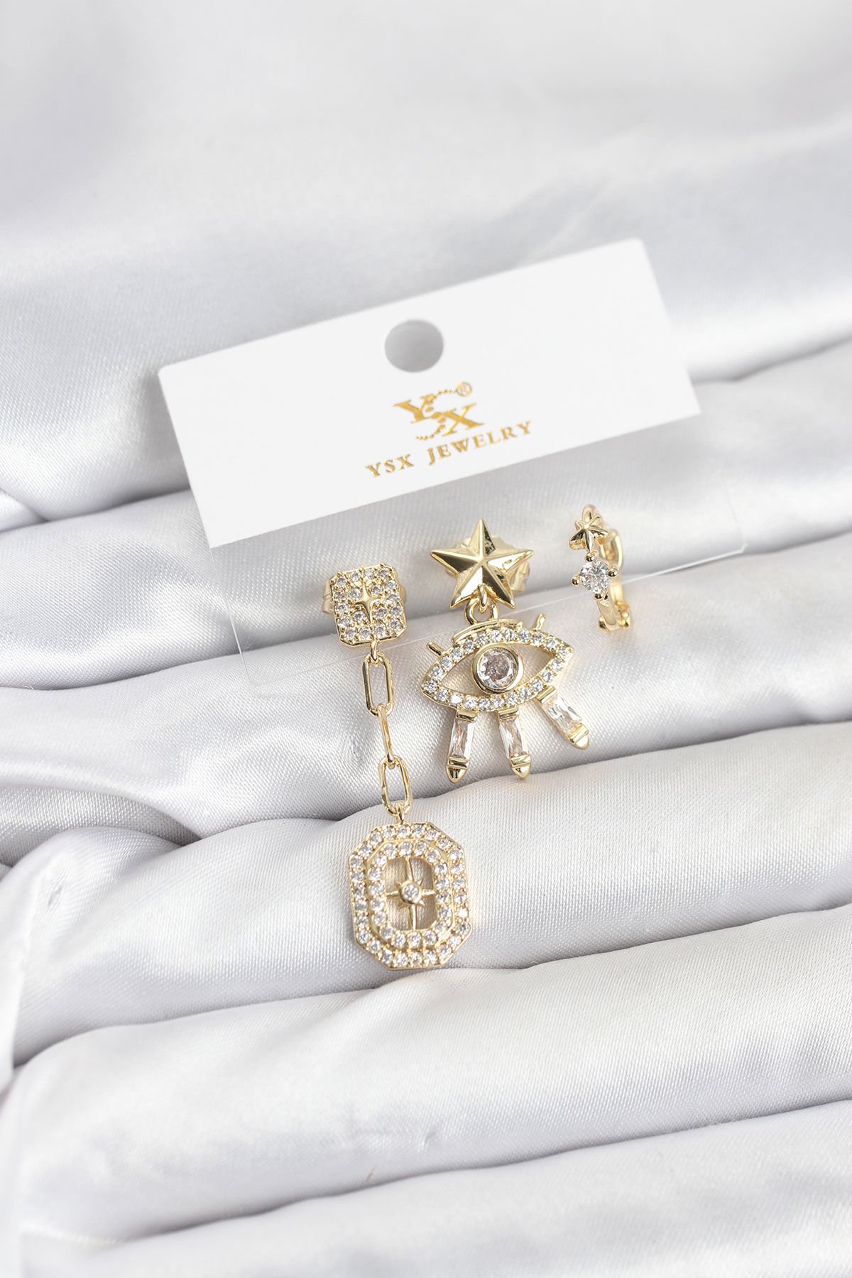 Pirinç Gold Renk Göz ve Kutup Yıldızı Model YSX Trio Küpe Seti - TJ-BKP11556
