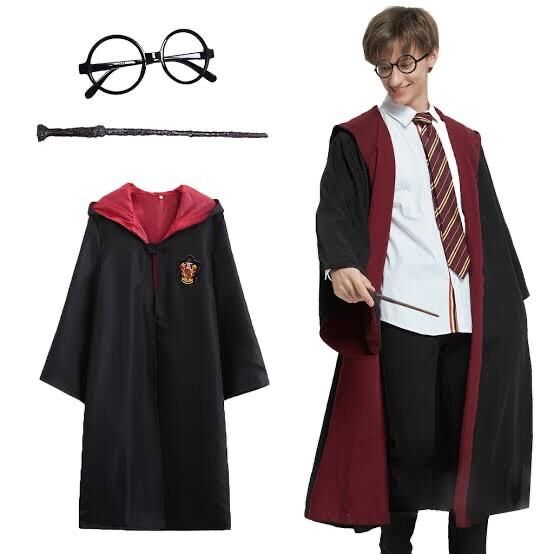 Harry Potter Gryffindor Kapişonlu Çocuk Kostüm + Asa + Gözlük Seti 7-8 Yaş (4944)
