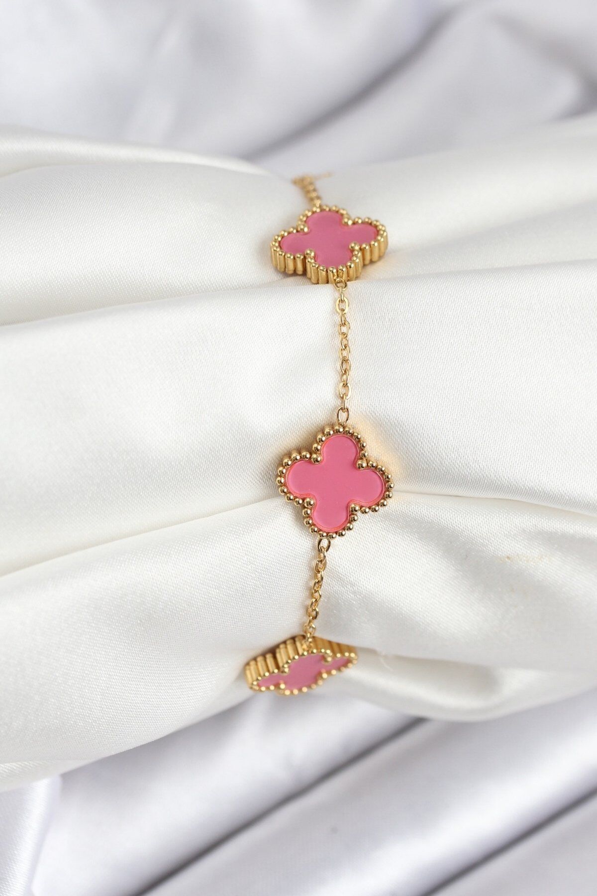 316L Çelik Gold Zincir Pembe Yonca Renk Bileklik - TJ-BB7908