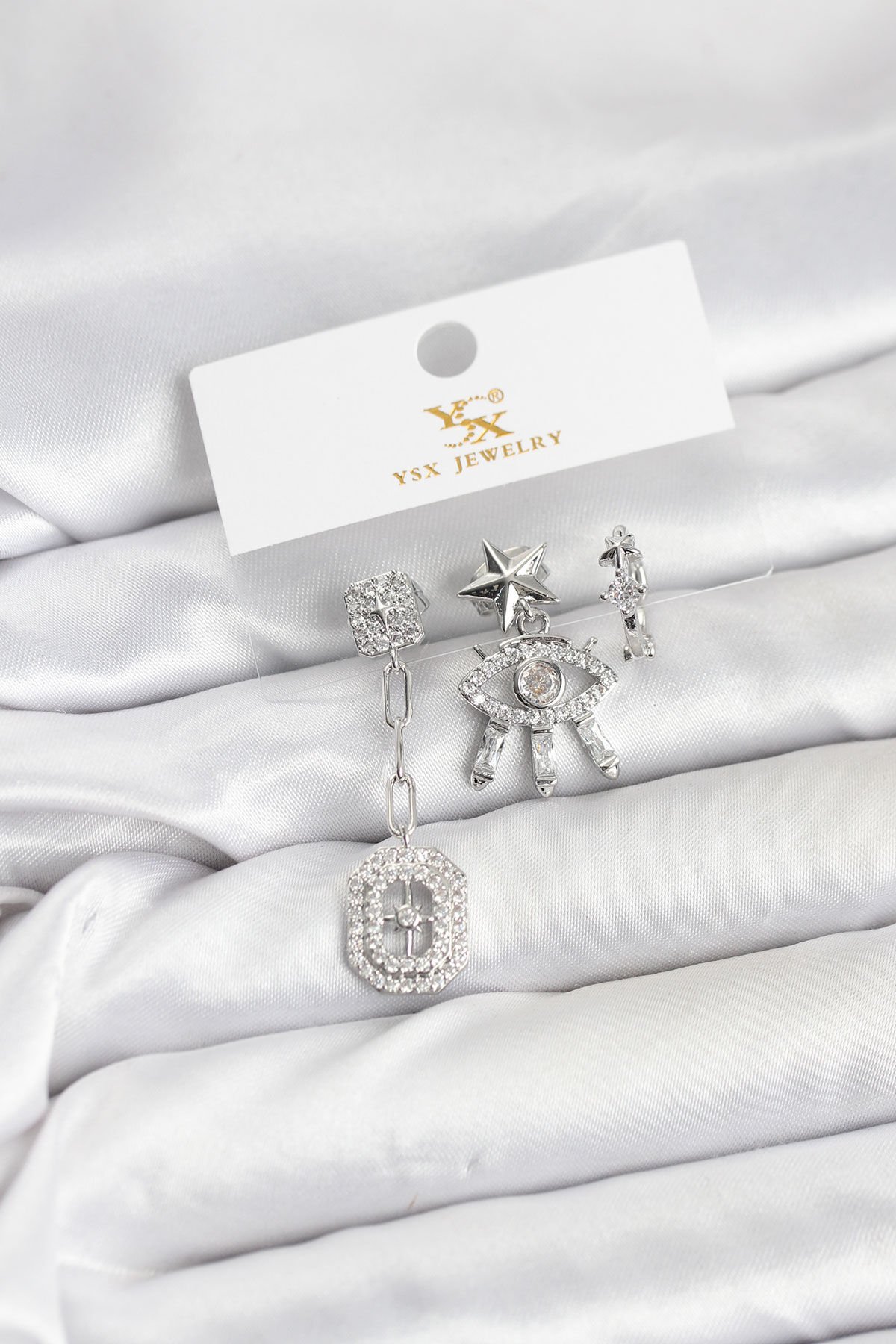 Pirinç Gümüş Renk Göz ve Kutup Yıldızı Model YSX Trio Küpe Seti - TJ-BKP11557