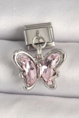 316L Çelik Gümüş Renk Pembe Zirkon Taşlı Kelebek Model Nomination Charm - TJ-BC1327