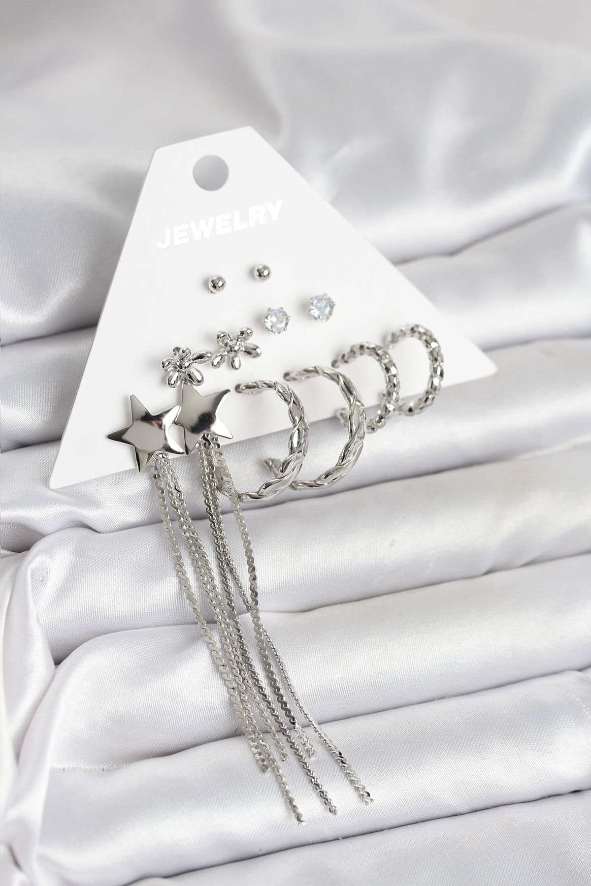 Gümüş Renk Pirinç 6 Çift Kadın Küpe Seti - TJ-BKP11338