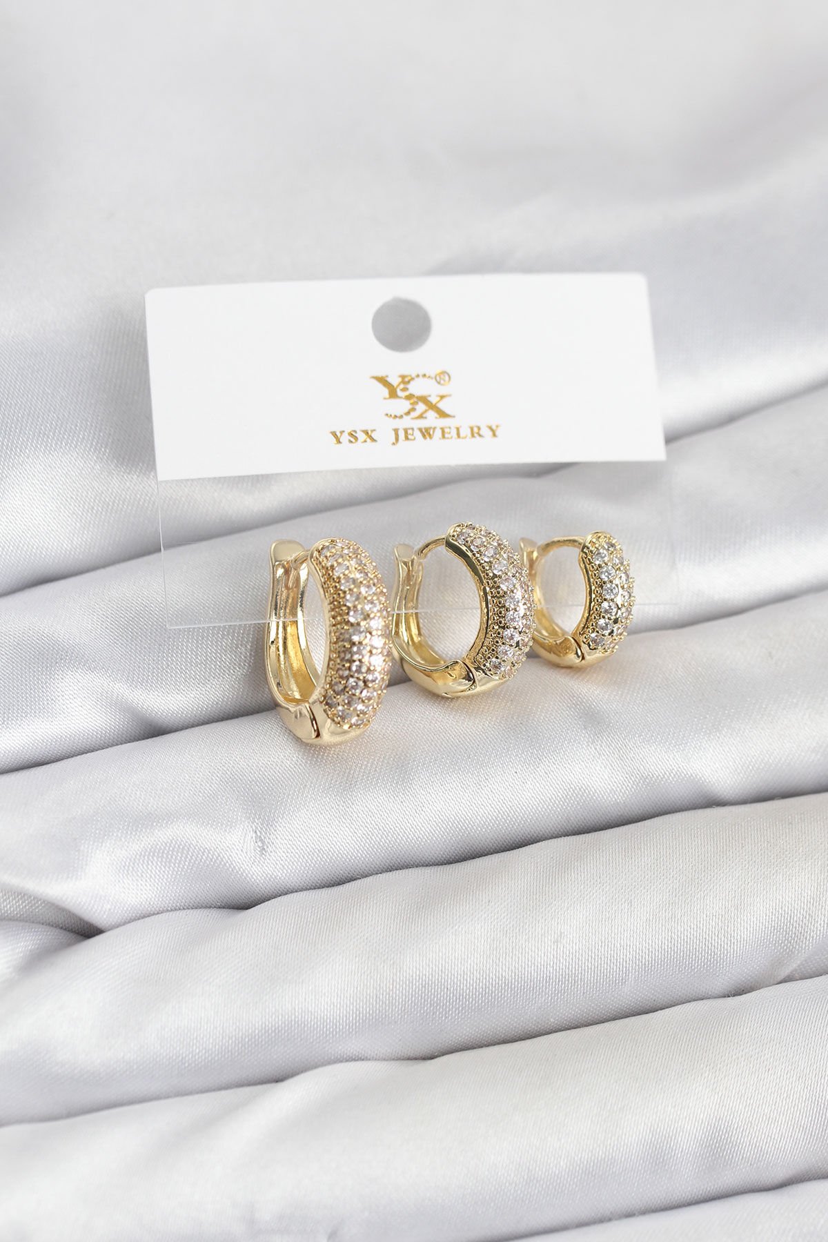 Pirinç Gold Renk Zirkon Taşlı Halka Model YSX Trio Küpe Seti - TJ-BKP11558