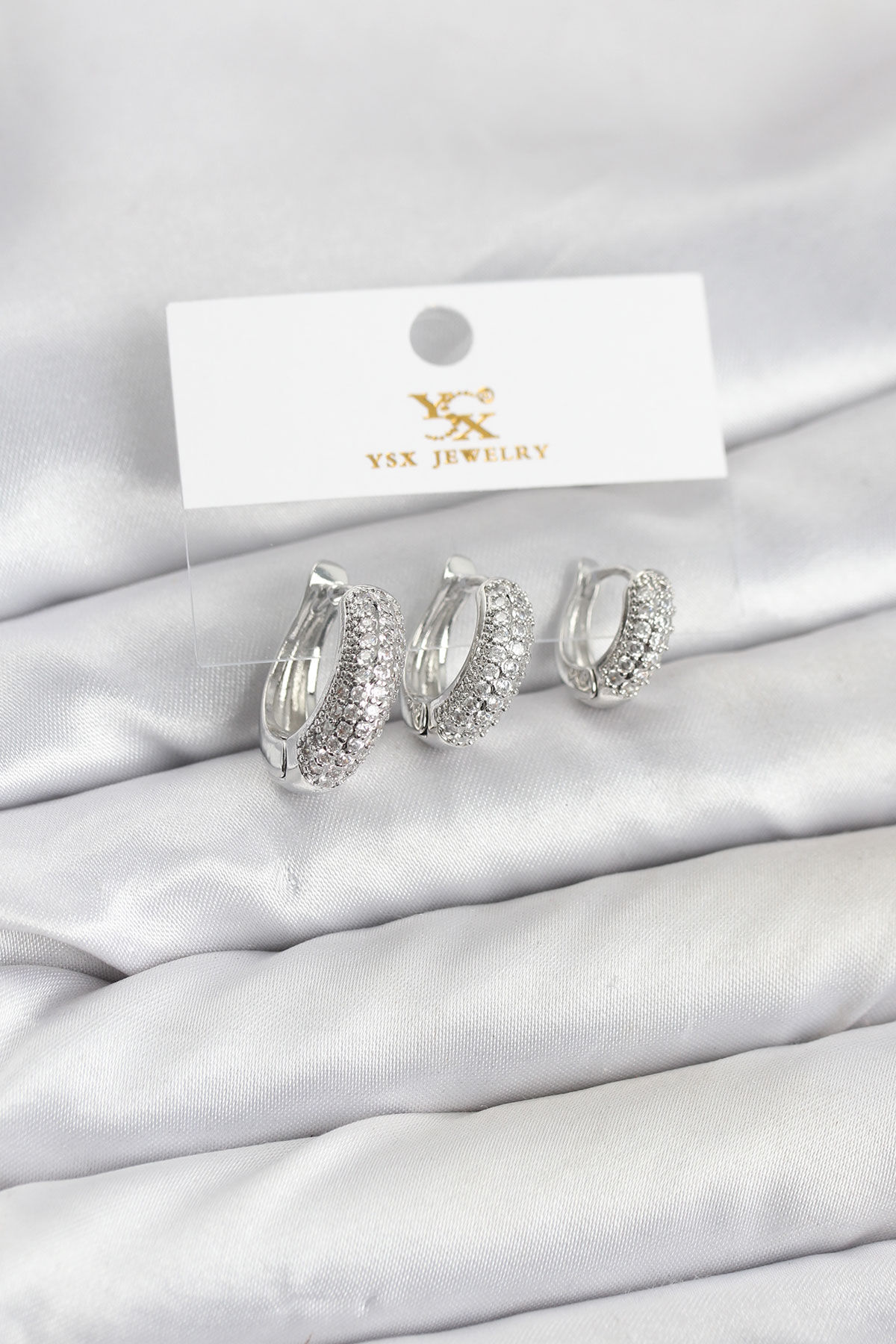 Pirinç Gümüş Renk Zirkon Taşlı Halka Model YSX Trio Küpe Seti - TJ-BKP11559