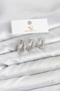 Pirinç Gümüş Renk Zirkon Taşlı Halka Model YSX Trio Küpe Seti - TJ-BKP11559