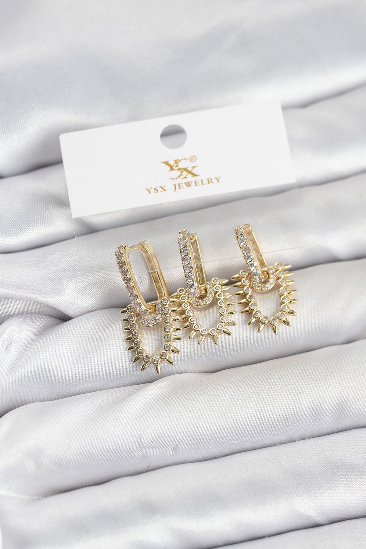 Pirinç Gold Renk Zirkon Taşlı Vintage Model YSX Trio Küpe Seti - TJ-BKP11560