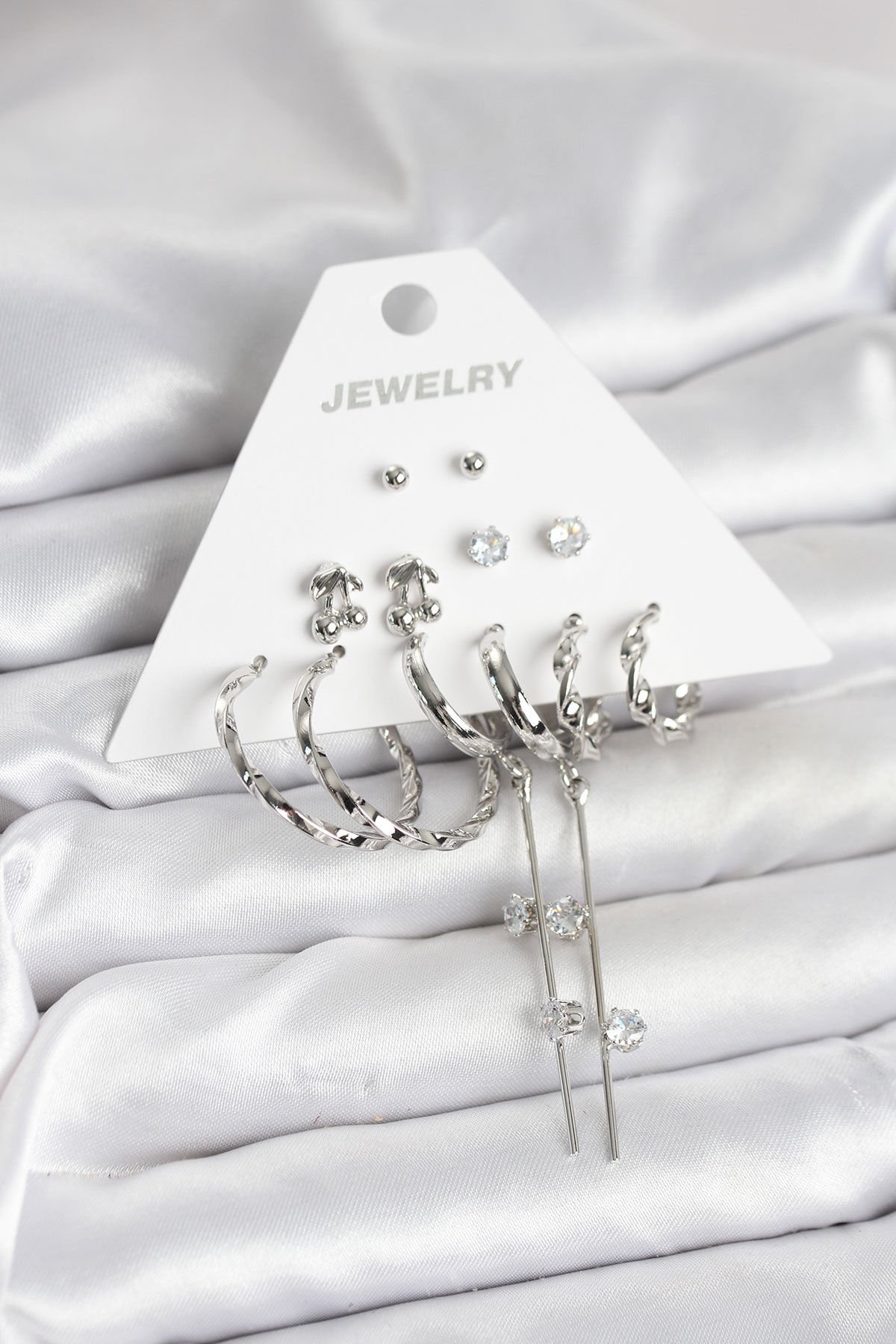 Gümüş Renk Pirinç 6'lı Kadın Küpe Seti - TJ-BKP11341