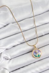 316L Çelik Zincir Mor Mineli Sanatsal Portre İnci Detaylı Deniz Yılıdızı Model Gold Renk Kadın Kolye - TJ-BKO10288