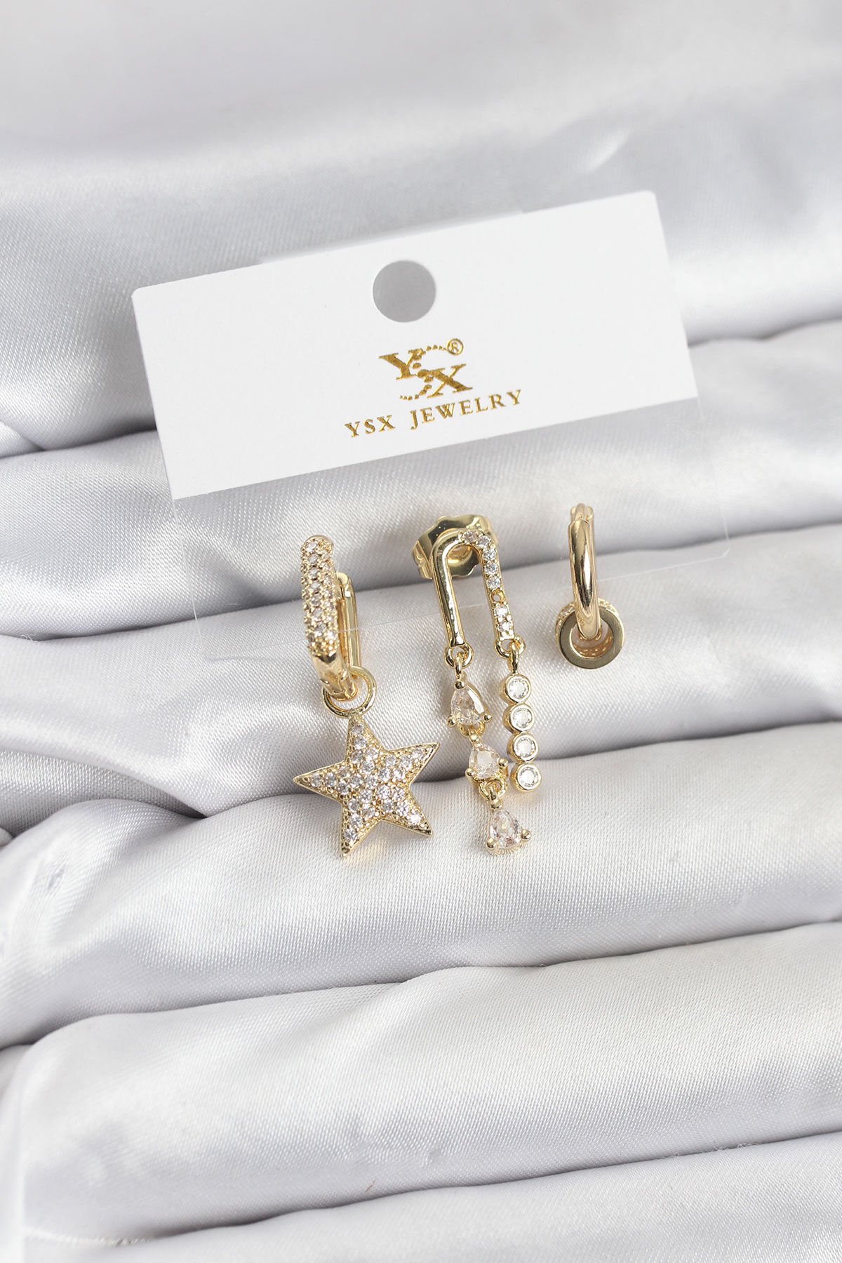 Pirinç Gold Renk Zirkon Taşlı Yıldız Vintage Model YSX Trio Küpe Seti - TJ-BKP11562