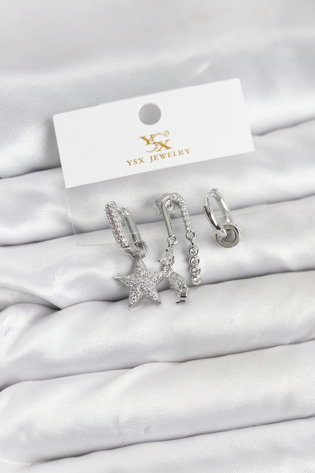 Pirinç Gümüş Renk Zirkon Taşlı Yıldız Vintage Model YSX Trio Küpe Seti - TJ-BKP11563
