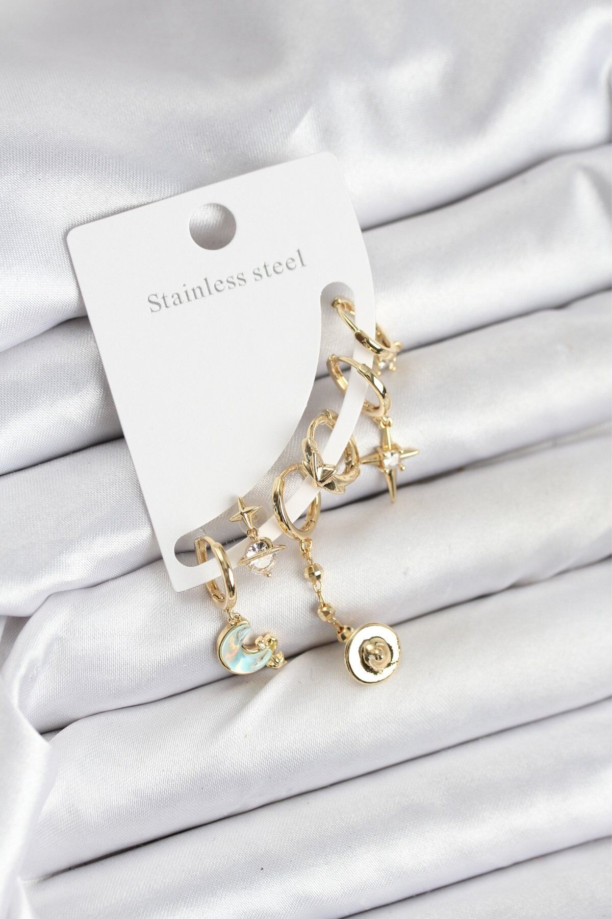 Pirinç Gold Renk Ay Model Kadın Set Küpe - TJ-BKP11219