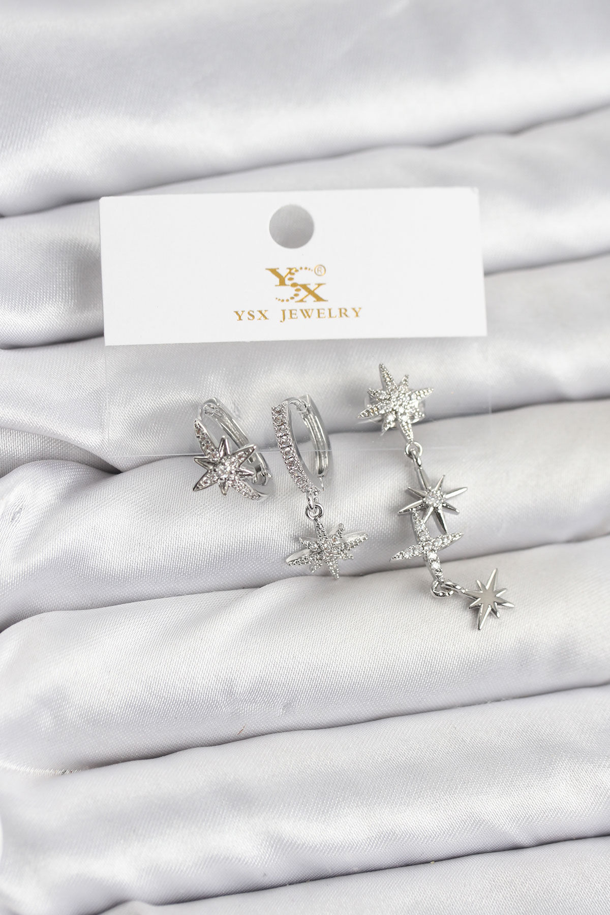 Pirinç Gümüş Renk Zirkon Taşlı Kutup Yıldızı Model YSX Trio Küpe Seti - TJ-BKP11565