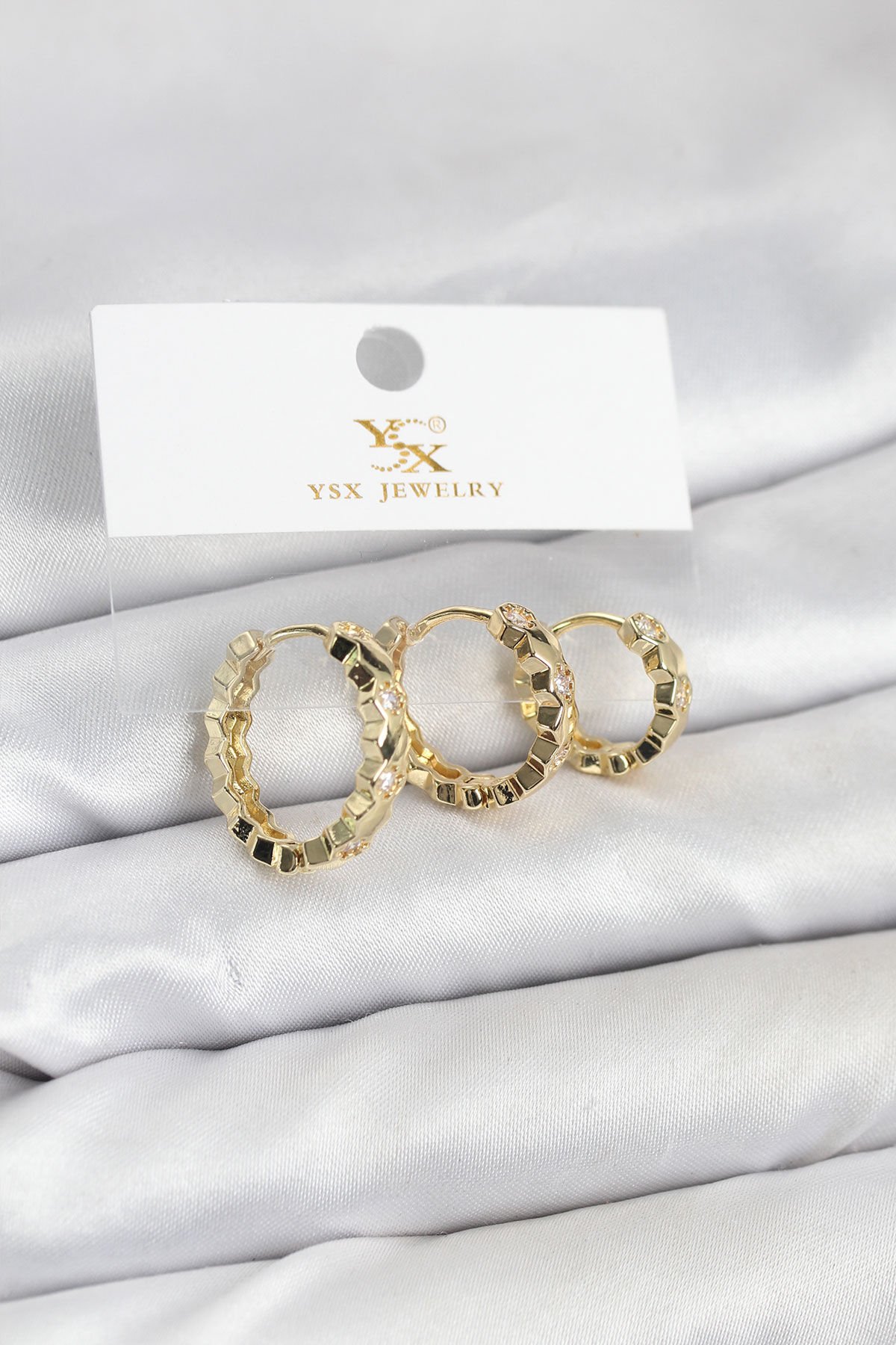 Pirinç Gold Renk Zirkon Taşlı Petek Halka Model YSX Trio Küpe Seti - TJ-BKP11566