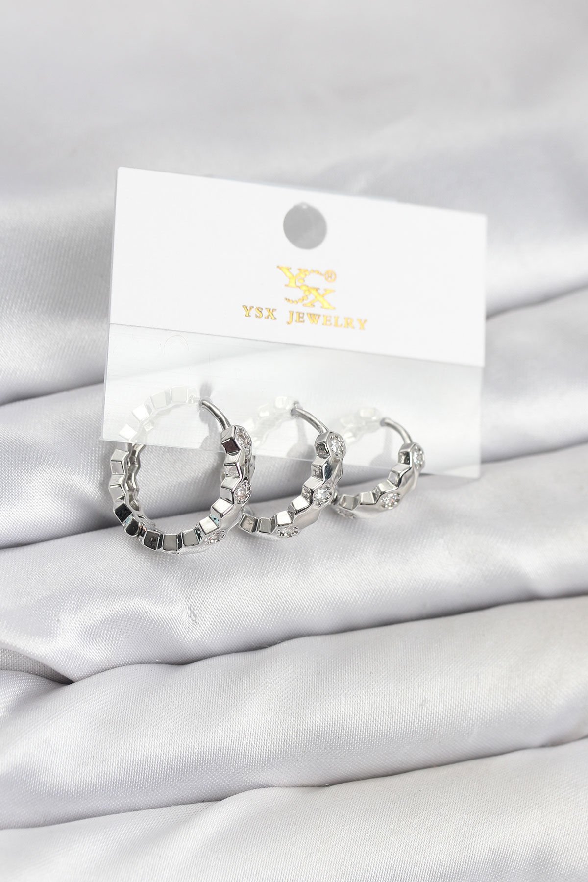 Pirinç Gümüş Renk Zirkon Taşlı Petek Halka Model YSX Trio Küpe Seti - TJ-BKP11567