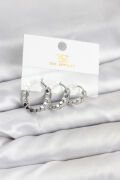 Pirinç Gümüş Renk Zirkon Taşlı Petek Halka Model YSX Trio Küpe Seti - TJ-BKP11567