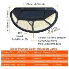 Solar Güneş Enerjili 102 Ledli 3 Modlu Hareket Sensörlü Oval Bahçe Lambası