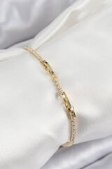 Pirinç Zirkon Taşlı İnce Su Yolu Model Gold Renk Kadın Bileklik - TJ-BB7035