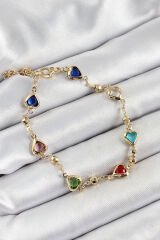 Pirinç Asorti Kalp Model Gold Renk Zirkon Taşlı Kadın Bileklik - TJ-BB7036