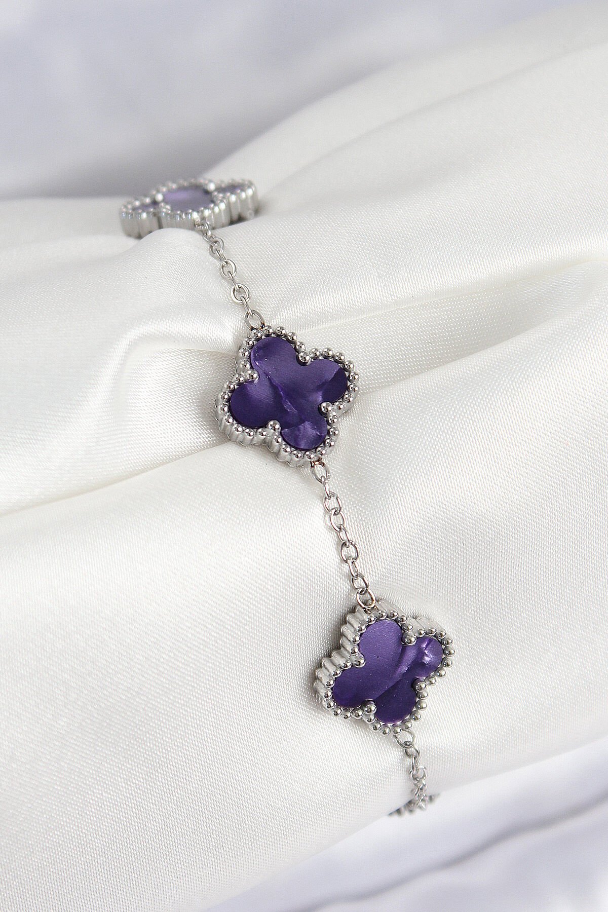 316L Çelik Sedefli Mor Gümüş Renk Yonca Kadın Bileklik - TJ-BB7674