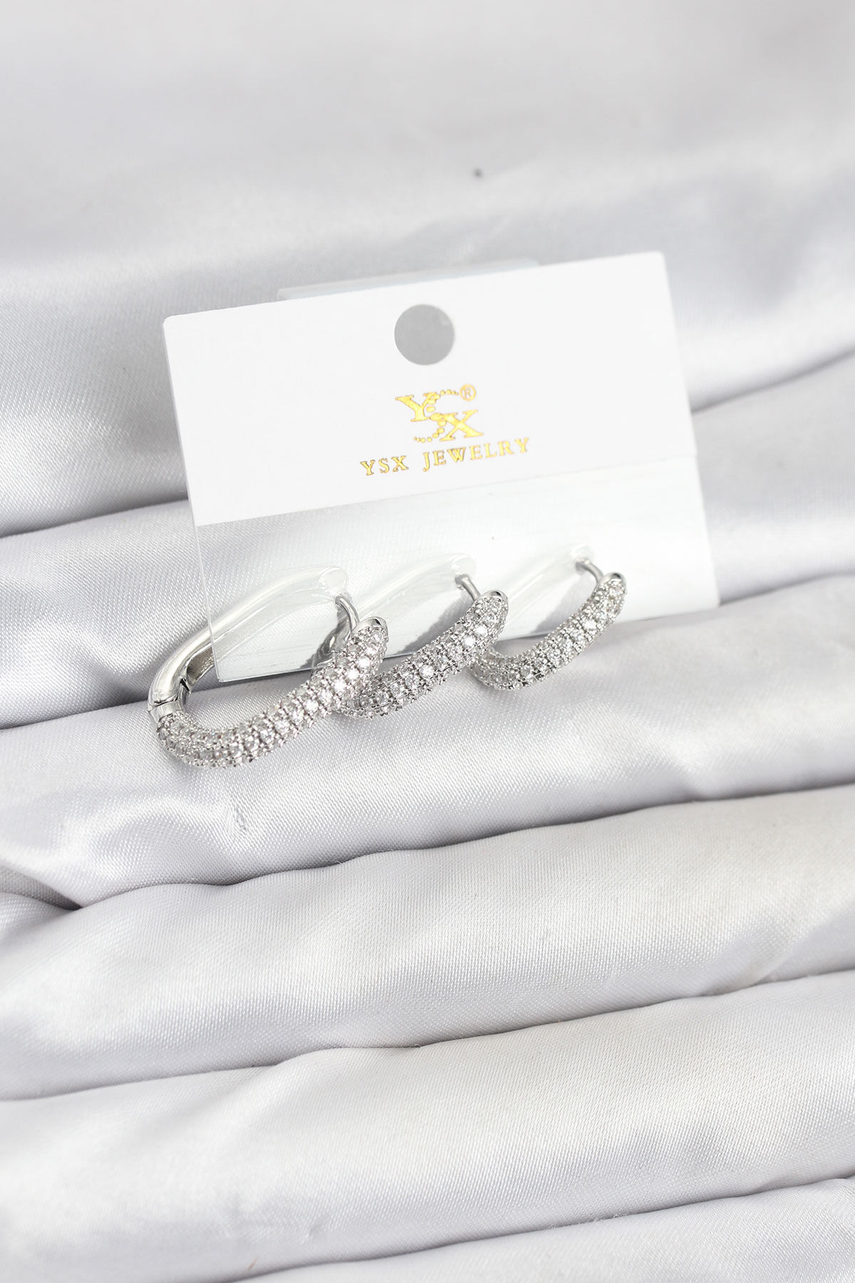 Pirinç Gümüş Renk Zirkon Taşlı Halka Model YSX Trio Küpe Seti - TJ-BKP11571