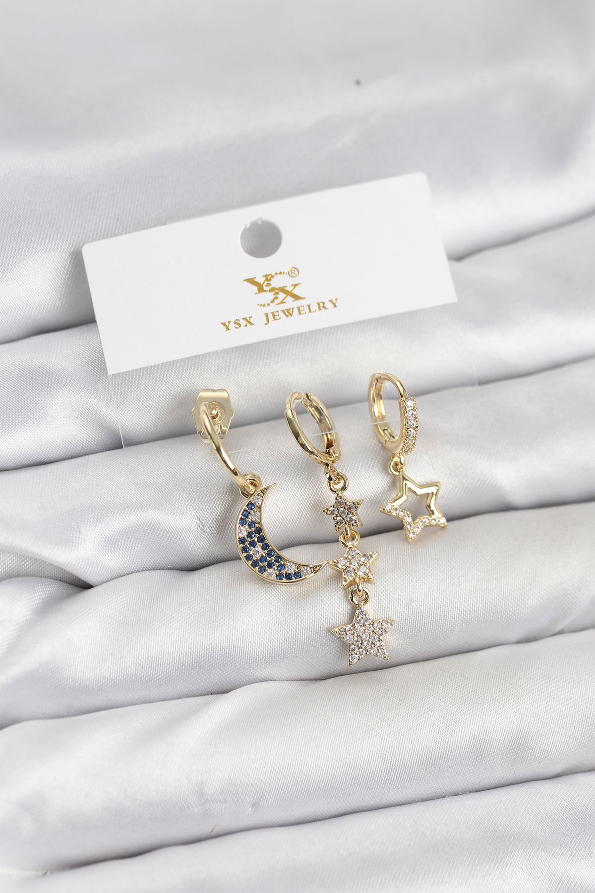 Pirinç Gold Renk Zirkon Taşlı Ay ve Yıldız Model YSX Trio Küpe Seti - TJ-BKP11574