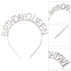 Gümüş Renk Kristal Taşlı Parlak Birthday Queen Yazılı Kraliçe Taç 16x17 cm (4944)