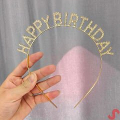 Altın Gold Renk Kristal Taşlı Parlak Happy Birthday Taç 16x17 cm (4944)
