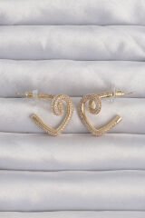 Pirinç Gold Renk Zirkon Taşlı Kıvrımlı Yarım Kalp Küpe - TJ-BKP9279