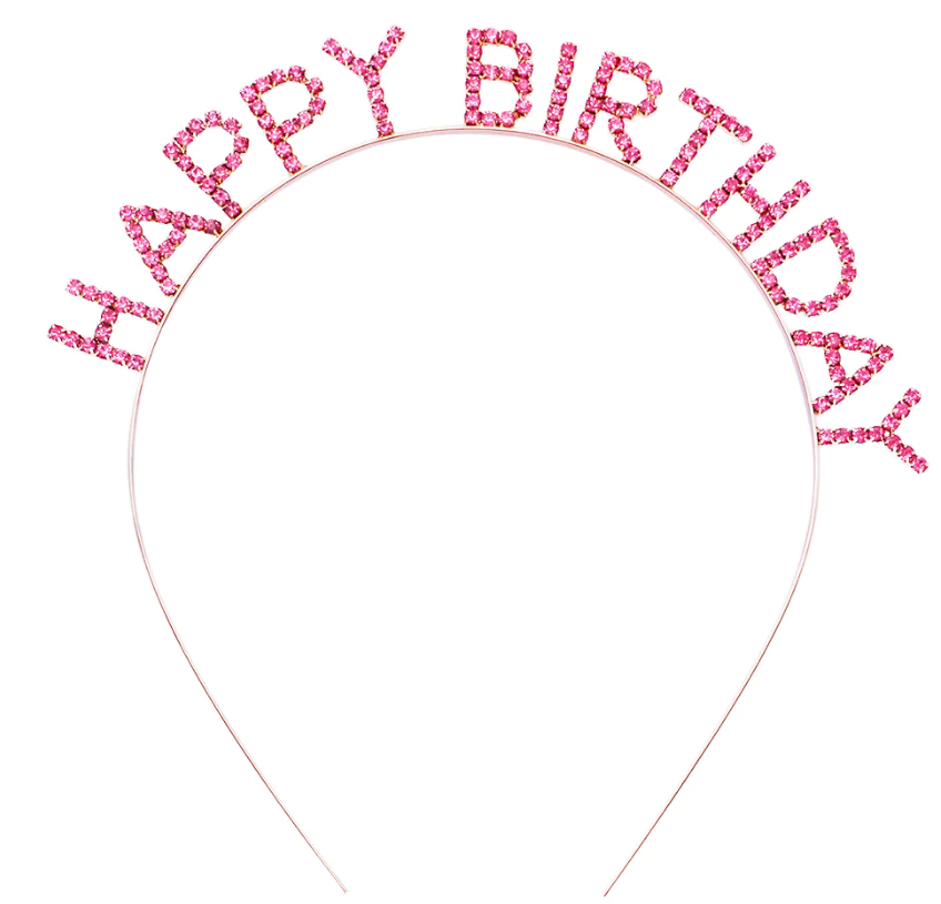 Pembe Renk Kristal Taşlı Gold Renk Kaplama Happy Birthday Taç 16x17 cm (4944)