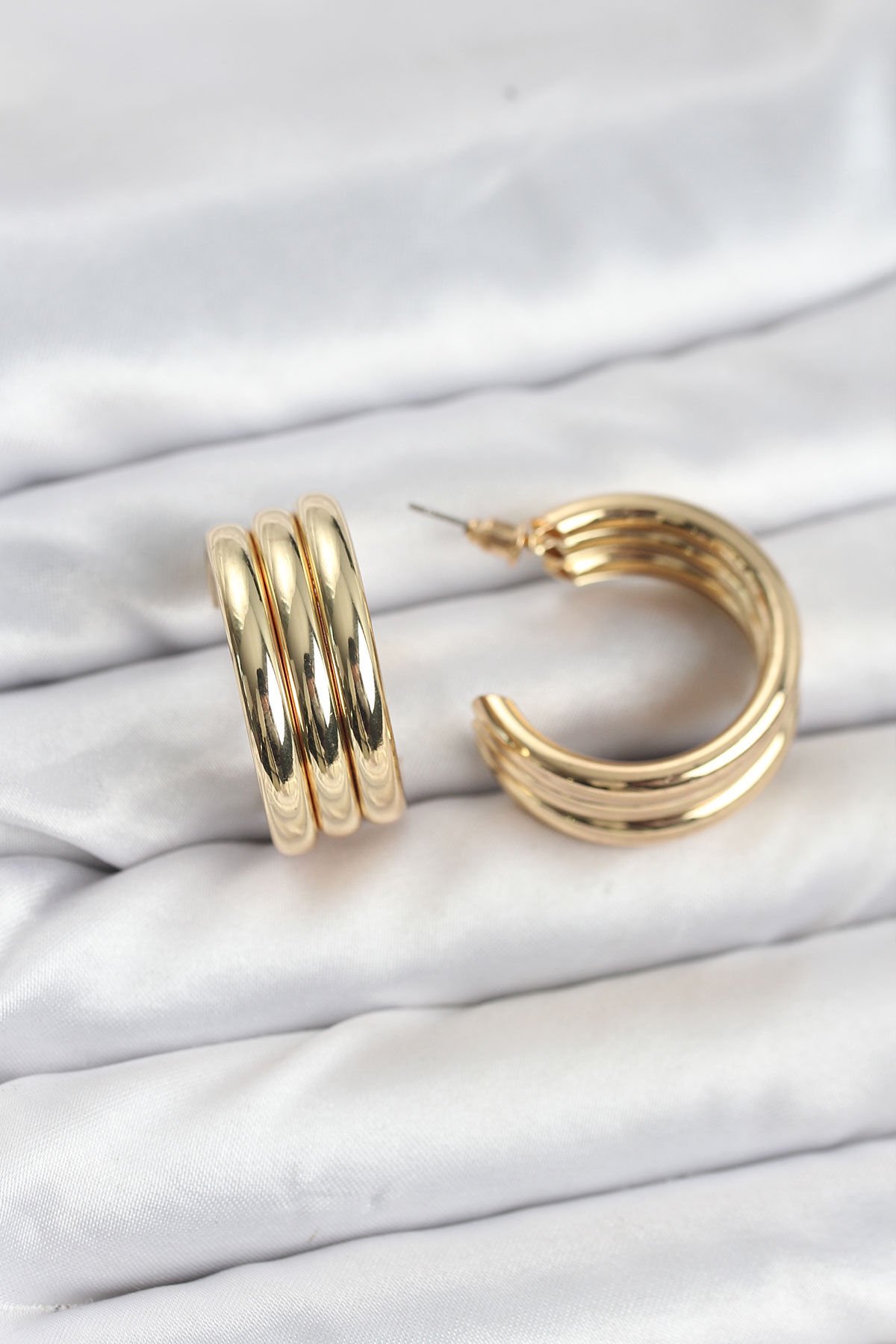 3'lü Görünüm 316L Çelik Gold Renk Kadın Küpe - TJ-BKP11583