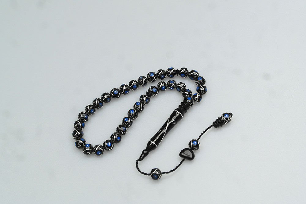 Oltu Taşı Bürokrat Boy Üçlü Çeşmi Bülbül Mavi İşlemeli Tespih