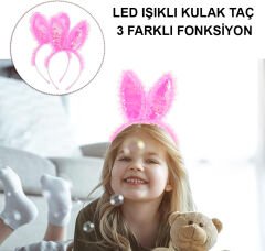Kenarları Dantelli Fuşya Pullu Payetli Led Işıklı Tavşan Kulak Taç 23x19 cm (4944)