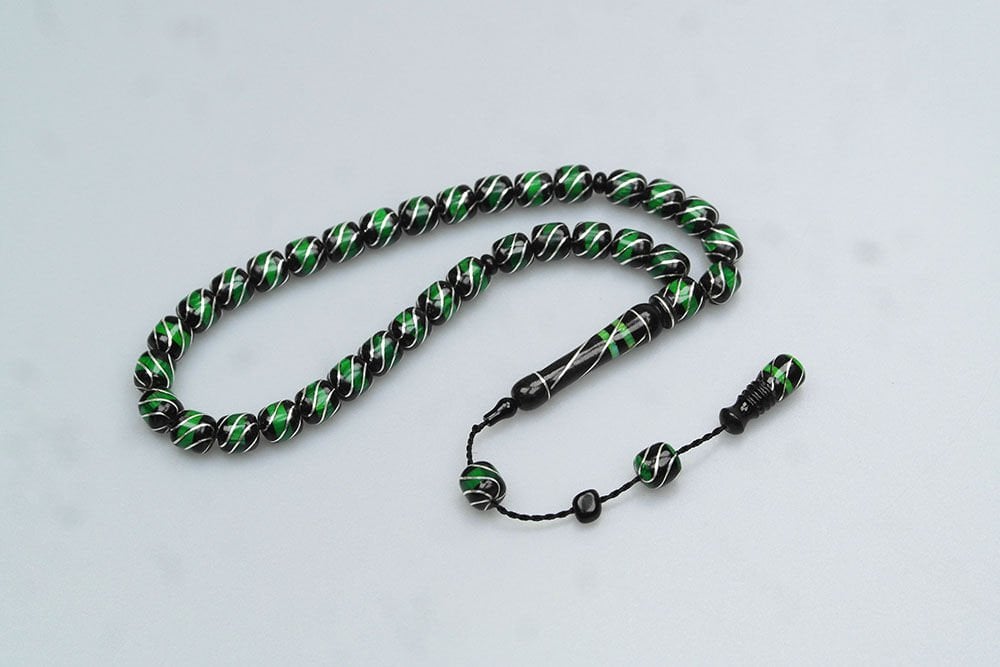 Oltu Taşı ve Yeşil Galalith Çeşmi Bülbül İşlemeli Tespih