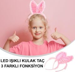 Kenarları Dantelli Pembe Pullu Payetli Led Işıklı Tavşan Kulak Taç 23x19 cm (4944)