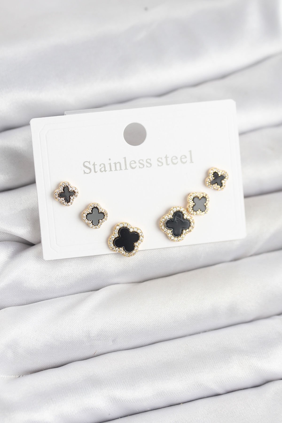 316L Çelik Zirkon Taşlı Yonca Model Kadın Küpe Seti - TJ-BKP11586