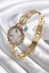 316L Çelik Gold Renk Zirkon Taş Sonsuzluk Detay Çeyrek Altın Takılabilir Kadın Kelepçe - TJ-BB5763