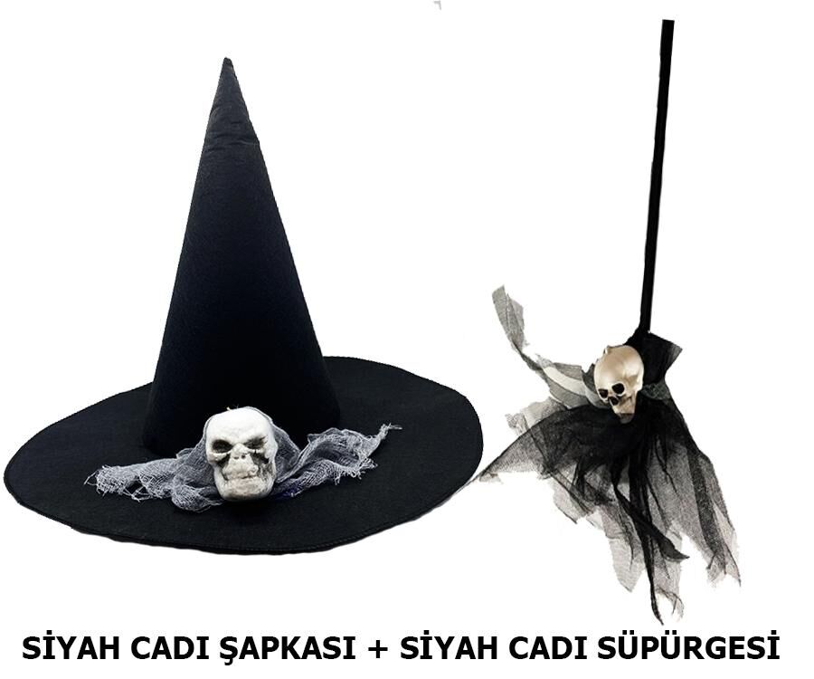 Cadı Şapkası Kuru Kafa Temalı + Cadı Süpürgesi Kuru Kafa Temalı - 2 li Set