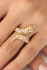 Gold Renk Ayarlanabilir Zirkon Taşlı Kadın Yılan Yüzük - TJ-BYK2402