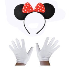 Kırmızı Fiyonklu Minnie Mouse Tacı ve Beyaz Eldiven Seti (4944)